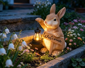Rabbit Welcome Garden Statue with Solar Lantern, Bunny Yard Ornament, Resin Outdoor Welcome Sign Sculpture, Housewarming Gardener Gift