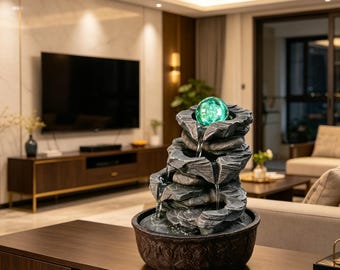 Tiered Rock Cascading Tabletop Water Fountain with LED Rotating Crystal Ball, Relaxing Indoor Waterfall Decor for Living Room, Calming Gift