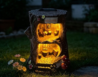 Solar Light Tree Stump Fairy House Statue, Mini Two-Story Elf Cottage Garden Figurine, Resin Outdoor Yard Decor, Gift for Fairy Enthusiast