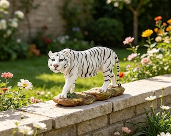 Hand Painted White Tiger Statue, Resin Bengal Tiger Figurine, Animal Sculpture for Garden Patio Lawn Decor, Realistic Tiger Ornament Gift