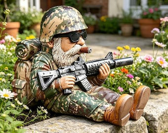 Tactical Soldier Garden Gnome Statue, Camo Military Sniper Gnome With Rifle Cigar Sunglass, Patriotic Outdoor Yard Decor, Father's Day Gift