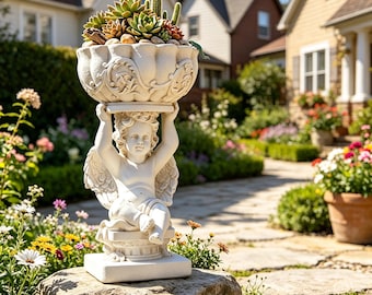 Large White Cherub Urn Planter Statue, 19.8inch Vintage European Angel Flower Pot, Resin Garden Decor for Patio, Villa Yard, Ideal Gift