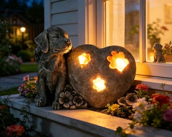 Solar Light Angel Dog Memorial Statue, Heart Stone With Paw Print Solar LED Ornament, Pet Loss Sympathy Gift, Resin Dog Remembrance Decor