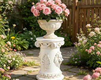 White Roman Column Pedestal Stand, Lion Head Relief Ionic Pillar Plant Stand, 17.7inch Resin Display Plinth for Garden Statue Vase Gift