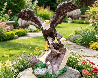 Majestic Two Bald Eagles Resin Statue | American Eagle Sculpture On Tree Stump, Garden Yard Decor, Patriotic Home Figurine, Gift For Dad
