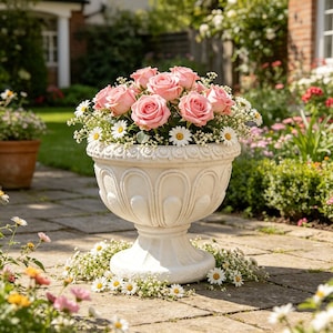May include: A white stone urn planter with a decorative scalloped rim and pedestal base, filled with a bouquet of pink roses and small white daisies. The planter sits on a stone patio, surrounded by scattered white daisy flowers and greenery.