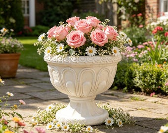 White Roman Urn Planter, Vintage Pedestal Flower Pot, Outdoor Garden Decor, 25cm Classic Embossed Vase for Rose Geranium, Ideal Gift