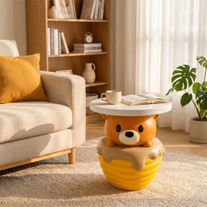 May include: A round white side table featuring a base shaped like a brown bear head resting on a yellow honey pot. The bear has black eyes and a cream-colored snout. The table surface holds a beige ceramic mug and an open book.