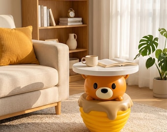 Cute Honey Bear Beehive Side Table, Cartoon Bear End Table, Kawaii Animal Accent Table, Kids Bedroom Nightstand, Fun Home Decor, Unique Gift
