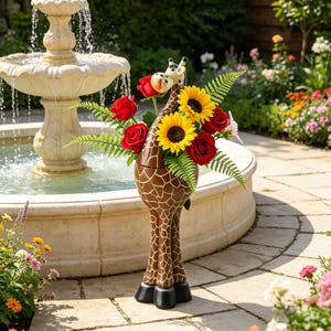 May include: A giraffe-shaped vase featuring a brown body with white geometric patterns, holding a floral arrangement of bright yellow sunflowers, deep red roses, and green fern fronds, standing on a stone patio near a tiered water fountain.