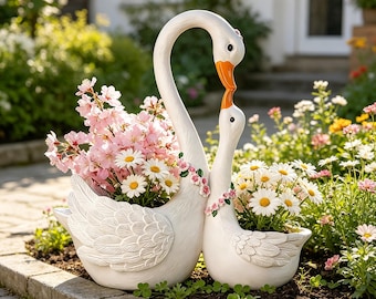 Mother Baby Swan Planter Pot, Resin Parent Child Swan Flower Planter With Pink Floral Garland, Outdoor Garden Yard Decor Statue, Ideal Gift