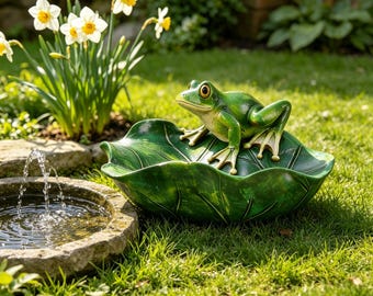 Frog On Lotus Leaf Bird Bath Resin Garden Statue, Mini Decorative Bird Feeder Bowl, Outdoor Yard Patio Pond Decor, Gift For Plant Lover