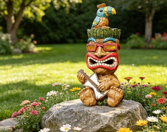 Solar Hawaiian Tiki Statue With Toucan & Guitar LED Solar Light, Funny Resin Outdoor Garden Tropical Figurine, Unique Gift For Tiki Lover