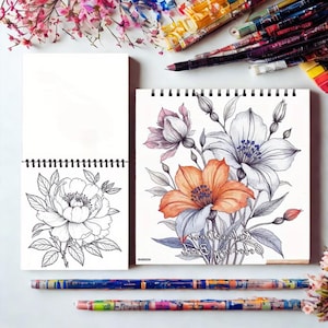 May include: Two spiral-bound sketchbooks, one with a black and white floral drawing and the other with a colored floral illustration. The colored drawing features orange, purple, and white flowers. Colored pens and floral accents surround the sketchbooks.
