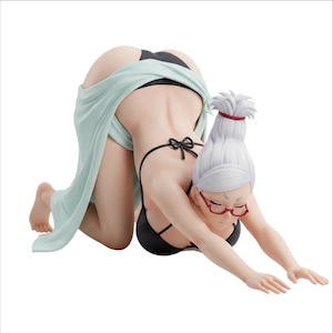 May include: A collectible anime-style figurine of a character with white hair tied in a high ponytail, wearing red-rimmed glasses, a black bikini top, and a black bikini bottom, partially draped in a light mint green fabric, posed on all fours.