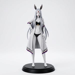 May include: A standing anime-style figurine featuring a pale-skinned character with long white hair, two dark horns, and a red forehead mark. The figure wears a black bikini top and bottom under a long white open robe with purple trim and black comma-shaped symbols.
