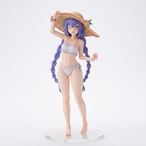 May include: A standing anime-style figurine of a character with long purple braided hair, wearing a light lavender two-piece bikini with ruffled edges. The figure wears a wide-brimmed straw hat adorned with a pink flower and green leaves.