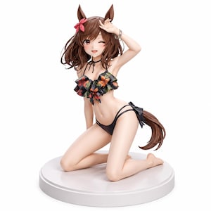May include: A collectible anime-style figurine of a character with brown hair, horse ears, and a tail, wearing a black bikini top with a ruffled orange and green floral pattern and matching black bikini bottoms, posed kneeling on a circular white base.
