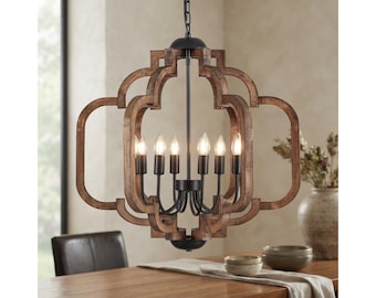 Rustic 8-Light Wood Chandelier, Farmhouse Ceiling Light, Brown Retro Finish