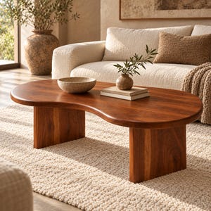 May include: A kidney-shaped coffee table crafted from solid wood with a smooth, polished finish. The table features a curved, organic tabletop supported by two thick, sturdy wooden slab legs, showcasing a rich, warm brown wood grain.