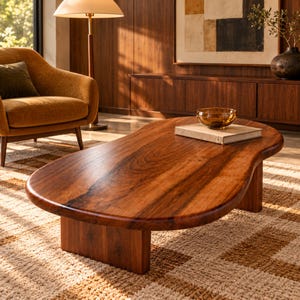 May include: A low-profile, kidney-shaped coffee table crafted from solid wood with a rich, warm brown grain pattern. The table features a smooth, rounded edge and is supported by two thick, rectangular wooden slab legs.