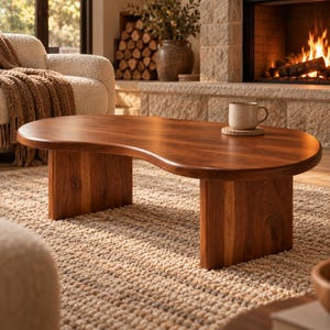 May include: A kidney-shaped coffee table crafted from dark brown wood with a smooth, polished surface. The table features two thick, solid wood slab legs and supports a single speckled ceramic mug resting on a small, round cork coaster.