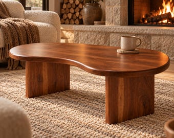 May include: A kidney-shaped coffee table crafted from dark brown wood with a smooth, polished surface. The table features two thick, solid wood slab legs and supports a single speckled ceramic mug resting on a small, round cork coaster.