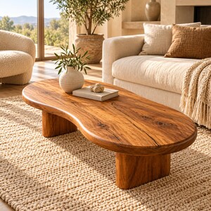 May include: A low-profile, kidney-shaped coffee table crafted from natural wood with a visible grain pattern. The table features a smooth, rounded surface supported by two thick, curved wooden legs, providing a stable base for the living space.