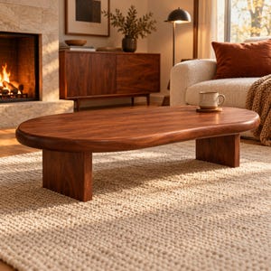 May include: A low-profile, oval-shaped coffee table crafted from dark brown wood with a smooth, rounded edge and two sturdy, rectangular slab legs. The table features a visible wood grain pattern and a polished finish, standing on a textured rug.