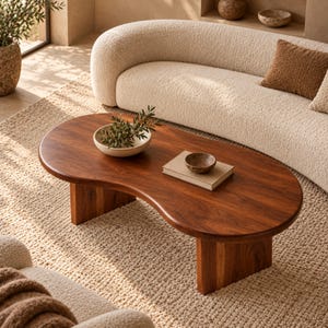 Puede incluir: Una mesa de centro con forma de riñón hecha de madera marrón oscura con una superficie lisa, apoyada por dos patas gruesas. Sobre la mesa hay un cuenco beige con hojas verdes, un libro rectangular cerrado y un cuenco pequeño.