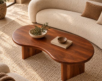 May include: A kidney-shaped coffee table made of dark brown wood with a smooth surface, supported by two thick slab legs. On the table sits a beige bowl containing green leaves, a closed rectangular book, and a small brown bowl.