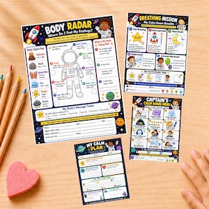 Può includere: Una collezione di poster educativi con illustrazioni a tema spaziale. I poster includono titoli come "Body Radar" e "Breathing Mission", con grafica colorata e testo per la regolazione emotiva dei bambini.