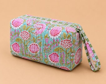 Hand-Printed Cotton Hair Tool Bag, Floral Zip Pouch with Compartments