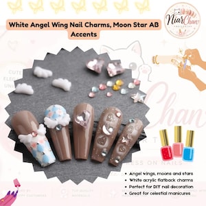 White Angel Wing Nail Charms, Moon Star AB Flatback Acrylic Nail Art Decor