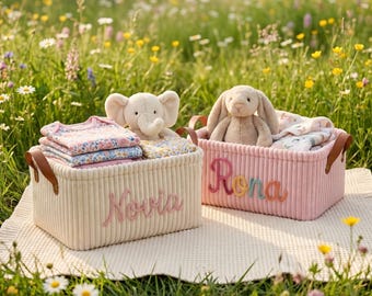 Personalized Baby Name Basket, Nursery Storage Basket, Custom Corduroy Baby Organizer, Baby Shower Gift for Moms