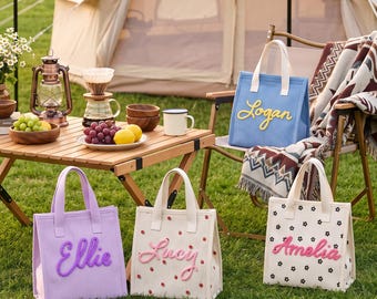 Custom printed insulated lunch bag, corduroy tote bag, personalized picnic bag, reusable food bag, a must-have for women's travels