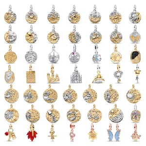 Ciondolo con segno zodiacale, ciondolo a moneta con segno zodiacale in oro e argento, compatibile con i charm dei bracciali Pandora europei, regalo per lei.