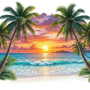 Pode incluir: Uma ilustração digital de uma cena de praia tropical com quatro palmeiras emoldurando um pôr do sol sobre o oceano. O céu está repleto de nuvens laranja, rosa e roxas sobre ondas turquesas que rolam suavemente para uma costa de areia branca.