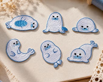 Six Seal Patch Designs, Peel-and-Stick Embroidery Applique for DIY Fabric Crafts, Self-adhesive patch for pencil box, passport holder