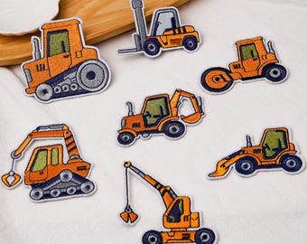 Vehicle Patch Set of 7, Iron On Truck Patch 6 x 7 cm, Choose One or Full Set, Kids Clothing Patch for Backpack and Jacket, Excavator Crane
