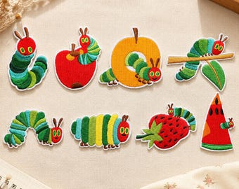 Caterpillar embroidery patch, hungry colorful caterpillar on apple, embroidered patch for children's clothing, DIY projects, backpack decor