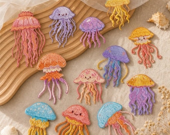 Pastel Kawaii Jellyfish Embroidered Patch, Cute Ocean Animal Applique for Ita Bag, Backpack, Jacket, Sea Life Decor, Choose One or Patch Set