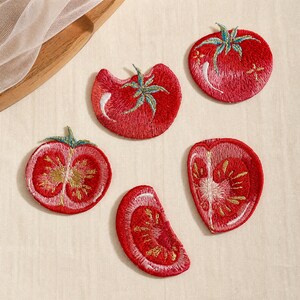 Parche termoadhesivo de tomate realista, 5 estilos de apliques bordados de vegetales, tomate entero y en rodajas, parche individual o juego completo.
