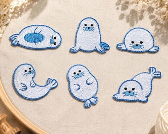 Blue Seal Embroidered Patch, Self Adhesive Ocean Animal Applique, Kawaii Seal Sticker for Kids Jacket Backpack Jeans Hat, Pick One or Set