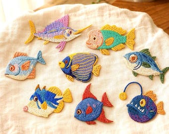 Colorful Fish Iron On Patch, Embroidered Tropical Fish Applique, Ocean Animal Badge for Jacket Backpack Jeans, Angelfish, Filefish
