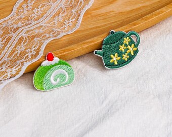 Cute Matcha Embroidered Stickers, Green Tea Pot and Swiss Roll Self Adhesive Badge for Tote Bag, Journal, Kawaii Cafe Lover Gift