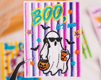 Cute Halloween Patch, Pastel Spooky Embroidered Applique for Tote Bag, Jacket, Boo Basket, Party Favor and Fall DIY Craft