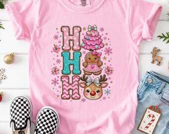Ho Ho Ho Kids Christmas T-Shirt, Festive Gingerbread Reindeer Snowflake Tee, Comfort Colors For Kids Holiday Family