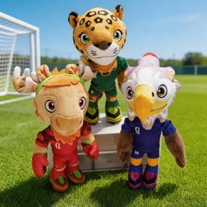 Könnte beinhalten: Drei Plüsch-Maskottchen stehen auf einer weißen Plattform. Ein beigefarbener Elch im roten Trikot, ein gelber Jaguar mit schwarzen Flecken im grünen Trikot und ein weiß-violetter Adler im blauen Trikot mit der Nummer 10 auf der Brust.