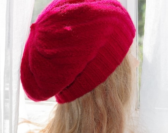 Hand-Knitted Red Cashmere Beret Hat – Soft Slouchy Winter Beanie Large